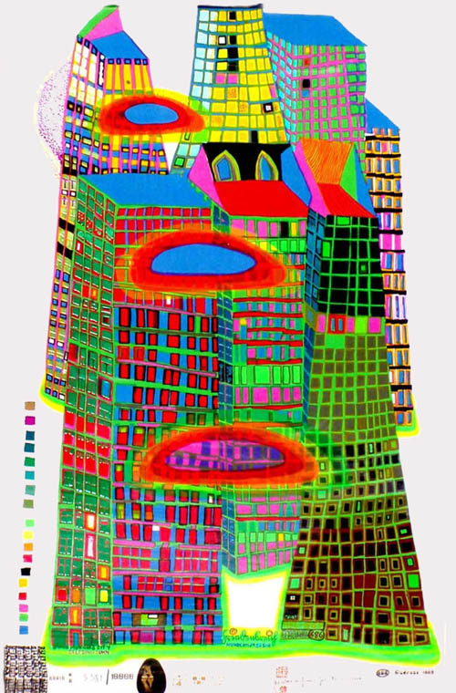 Hundertwasser - Good Morning City - Bleeding Town - series BB - 1969 color screenprint